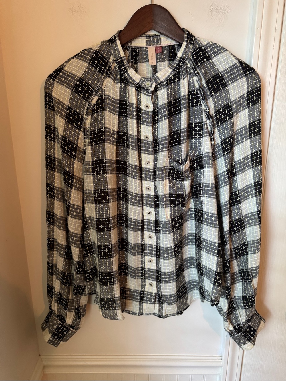 Pilcro for Anthropologie button-down shirt black, white check plaid with yellow